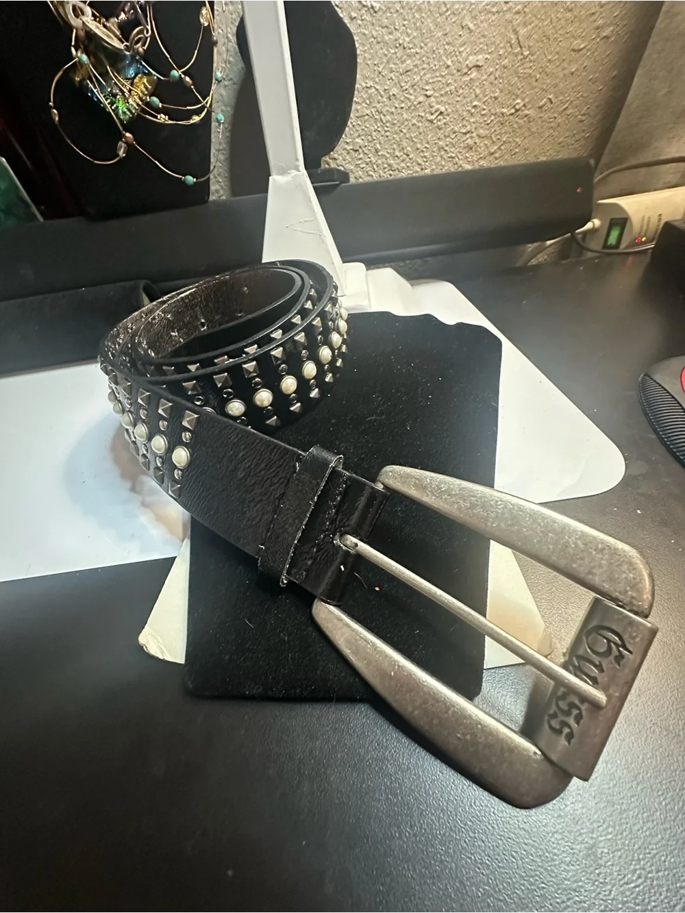 Guess Black Studded Pearl Accent Leather Belt with Silver Buckle 45” long